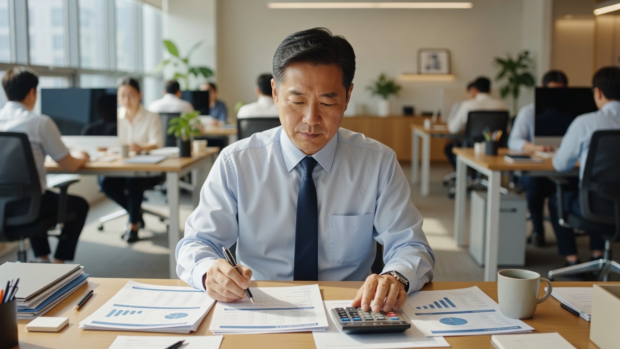 커피 프랜차이즈 초기 투자금액 비교를 준비하는 사무실 장면