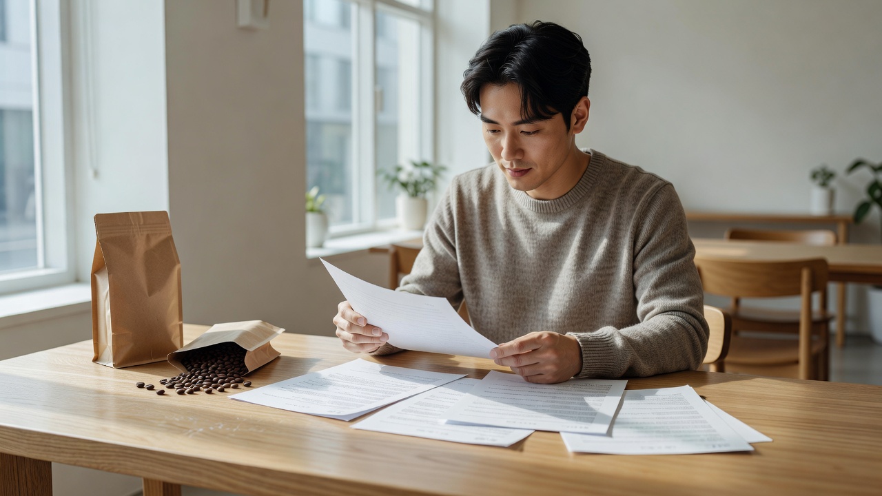 커피 프랜차이즈 원두 공급 계약 조건을 검토하는 모습