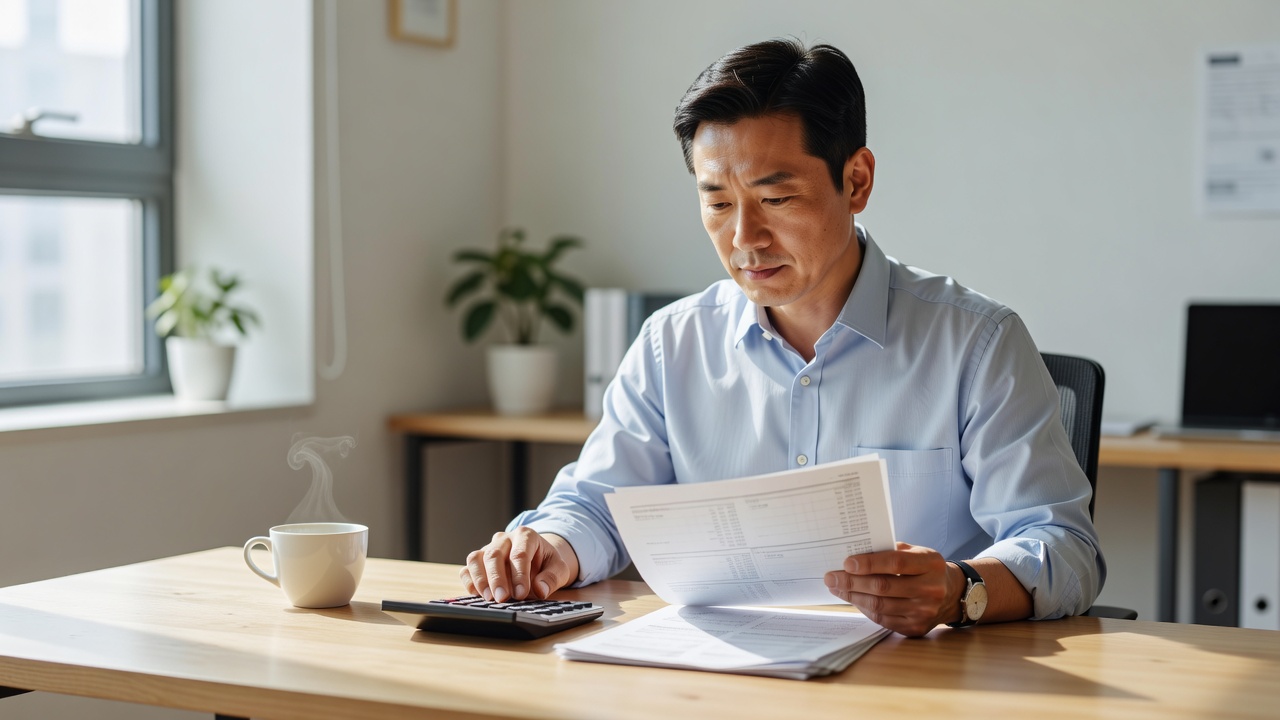 커피 프랜차이즈 가맹비 비교를 준비하는 사무실 장면