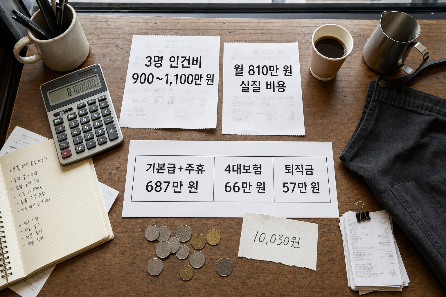 커피 프랜차이즈 직원 채용 시 3명 인건비 계산법