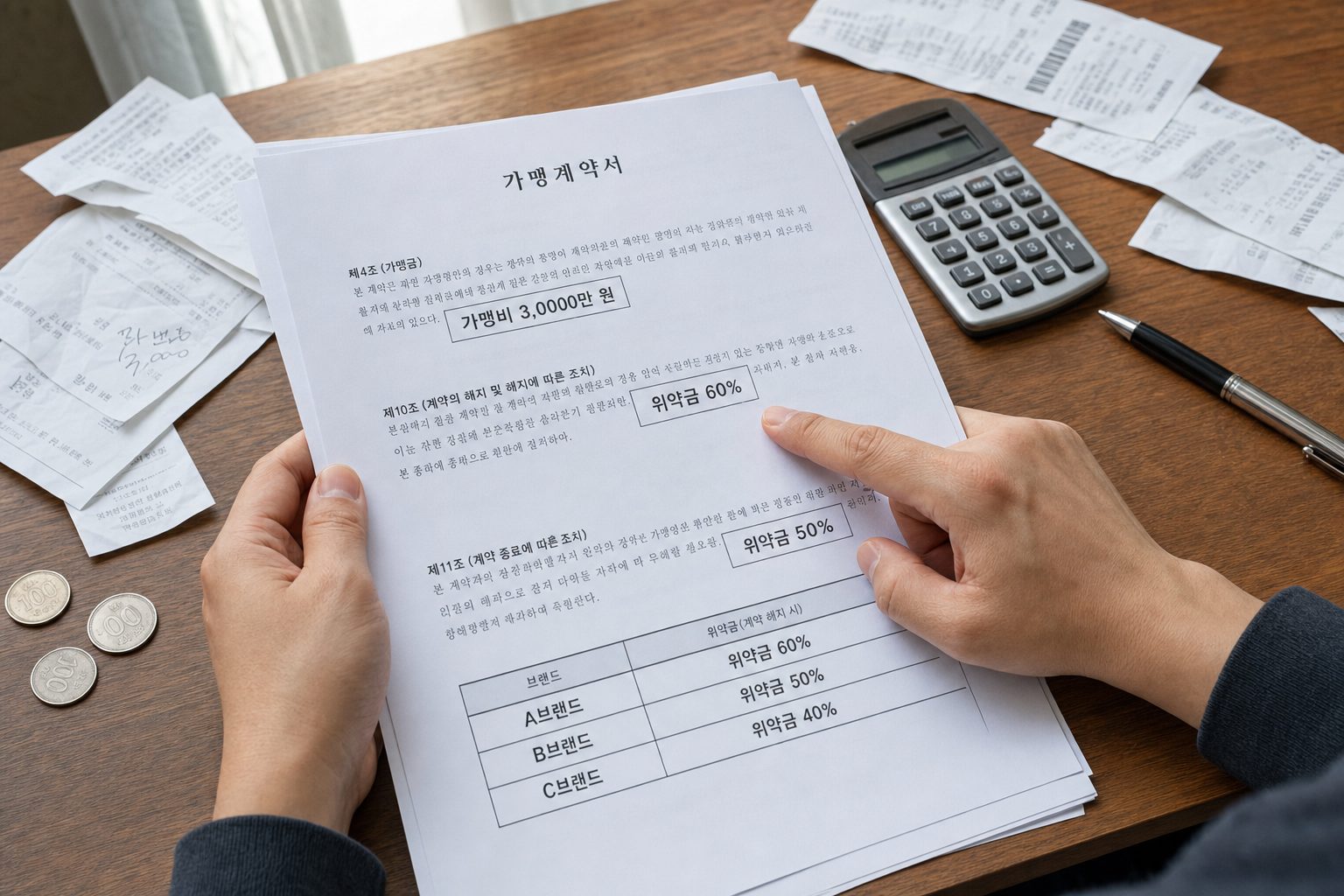 커피 프랜차이즈 계약서에서 프랜차이즈 계약서 위약금 조항 검토 포인트