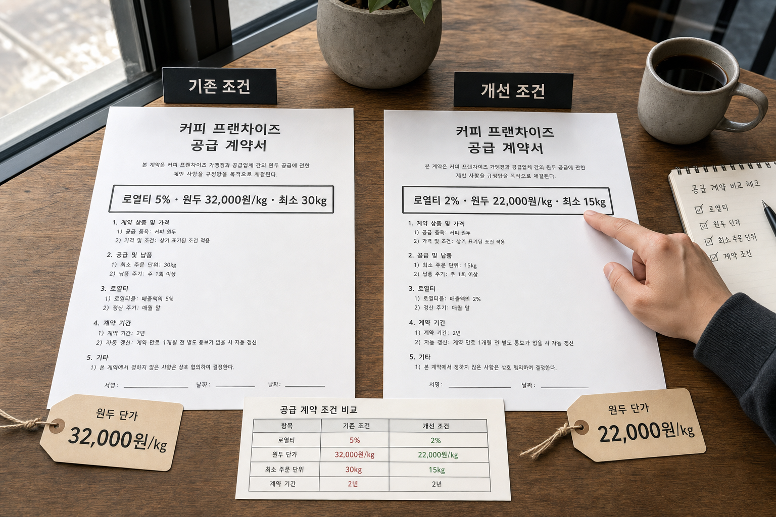커피숍 프랜차이즈 원두 공급 계약 조건 비교