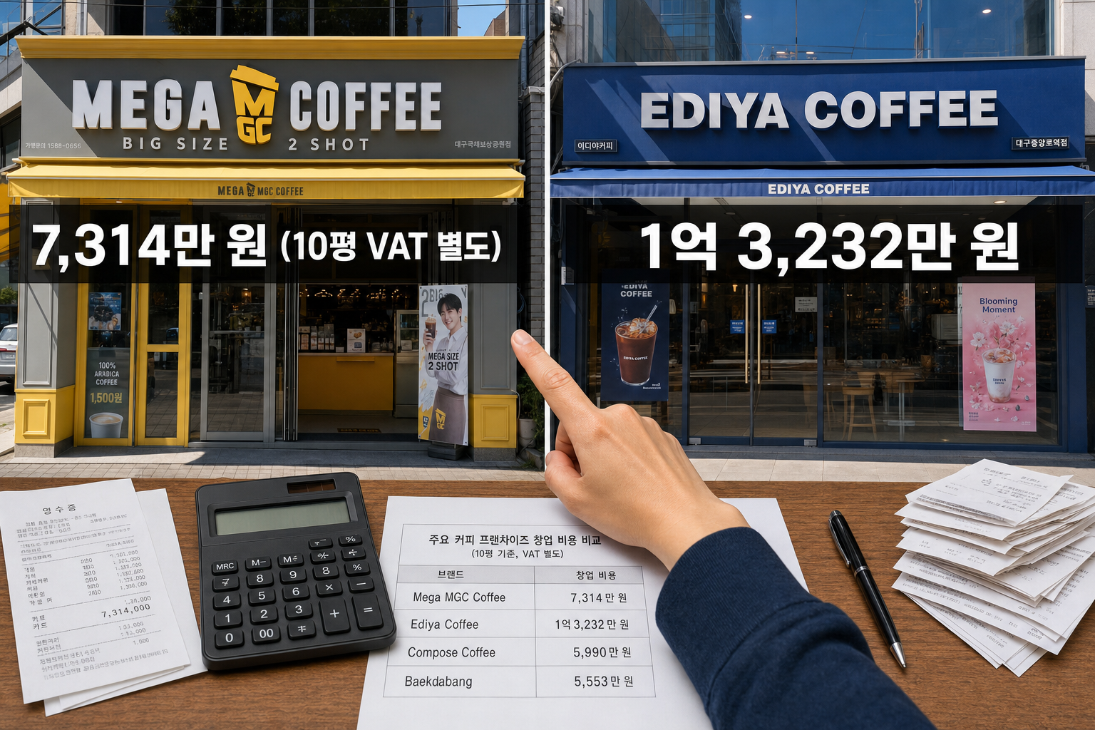 커피 프랜차이즈 브랜드별 창업 비용 비교표