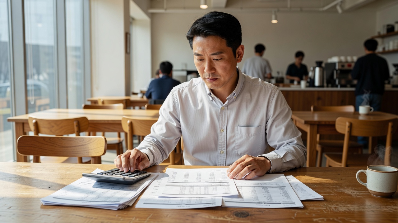 로열티 비교를 위한 프랜차이즈 서류 검토 장면